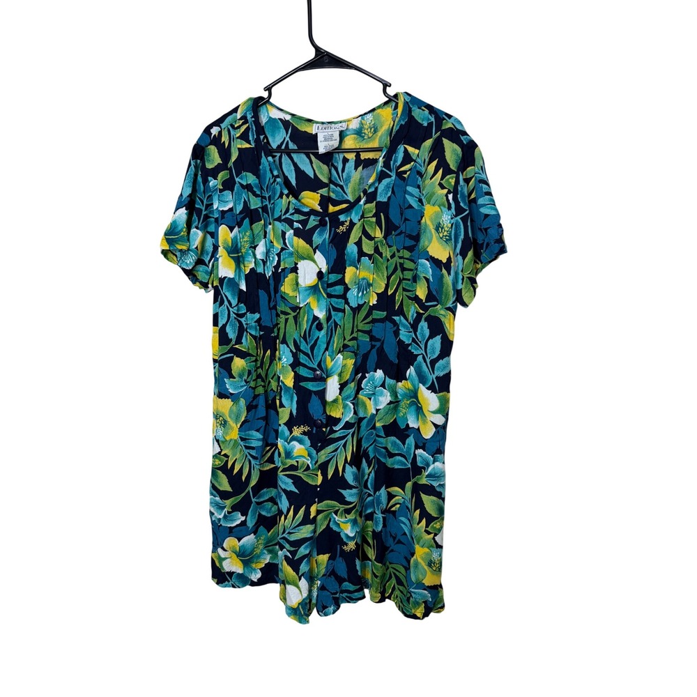 Basic‎ Edition Tropical Floral Romper Navy Blue Teal Yellow Button Front L